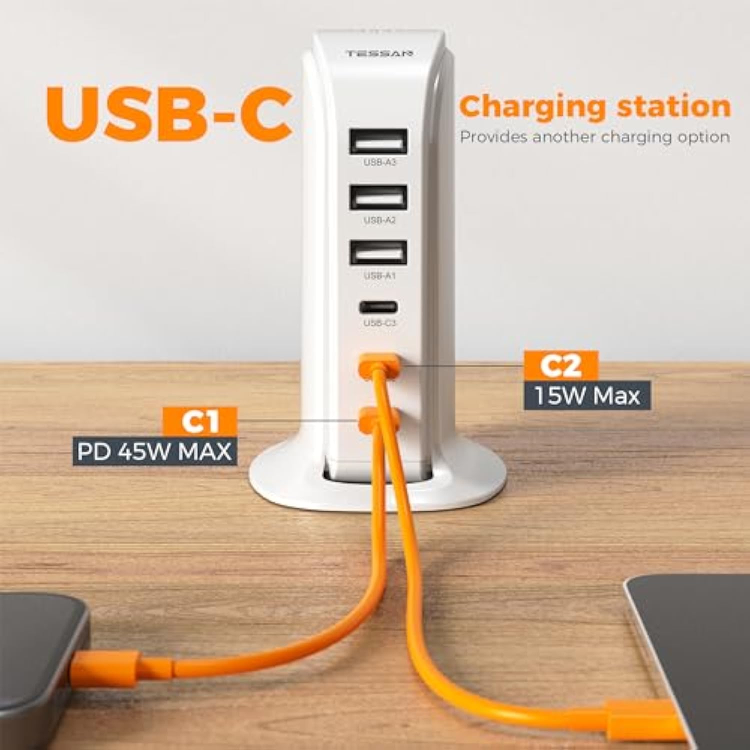 65W Usb Charging Station For Multiple Devices, Phone Fast Charger Tower For Iphone13/14/15, Ipad, Tablet, Earphone With 6 Usb Blocks(3 Usb C) For Home Office Travel Accessories