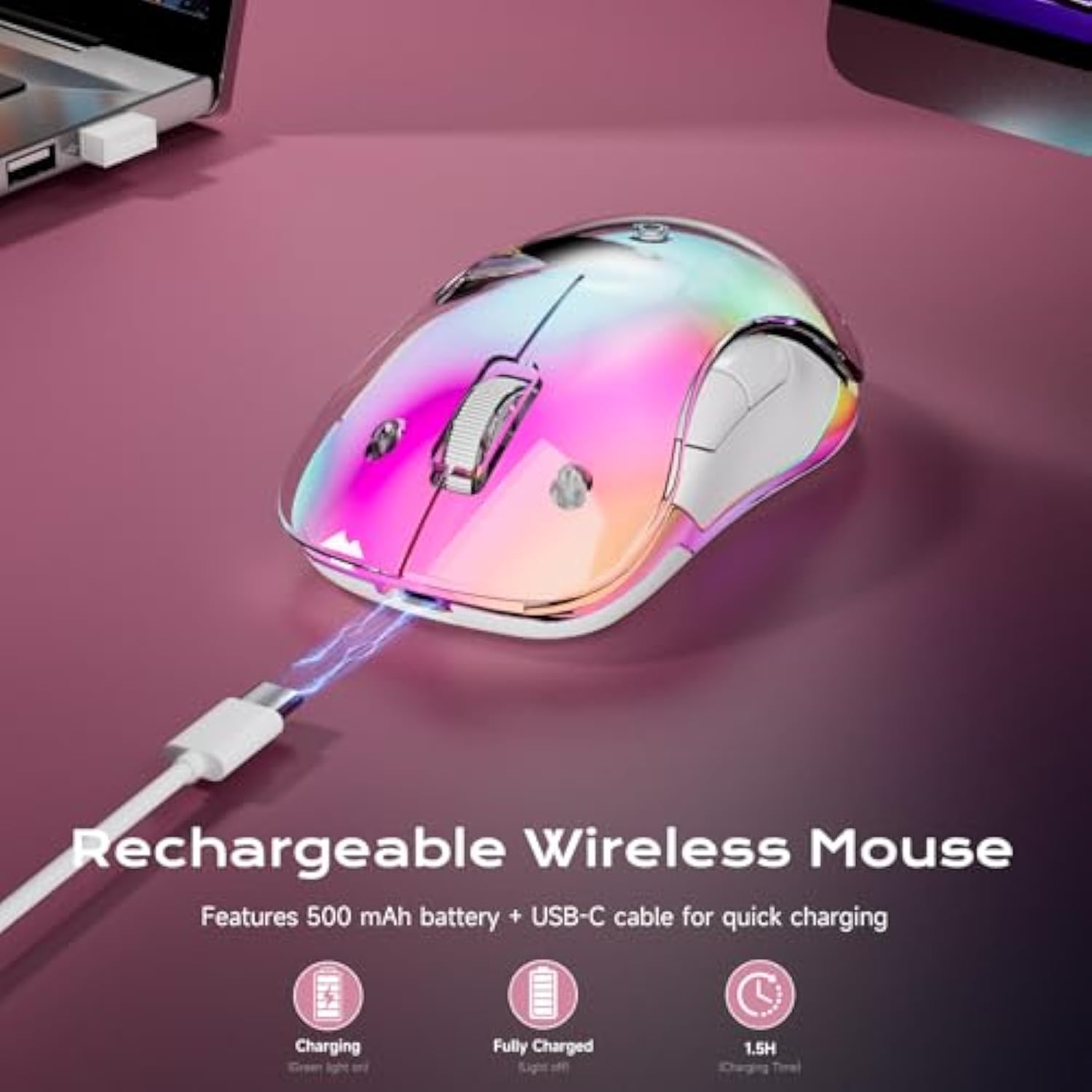 2.4G Led Wireless Mouse, Rechargeable Ergonomic Mouse With Detachable Cover, 1200 Dpi Portable Optical Computer Mouse With Usb Receiver For Laptop, Pc, Desktop And Macbook, 5 Buttons-Pink