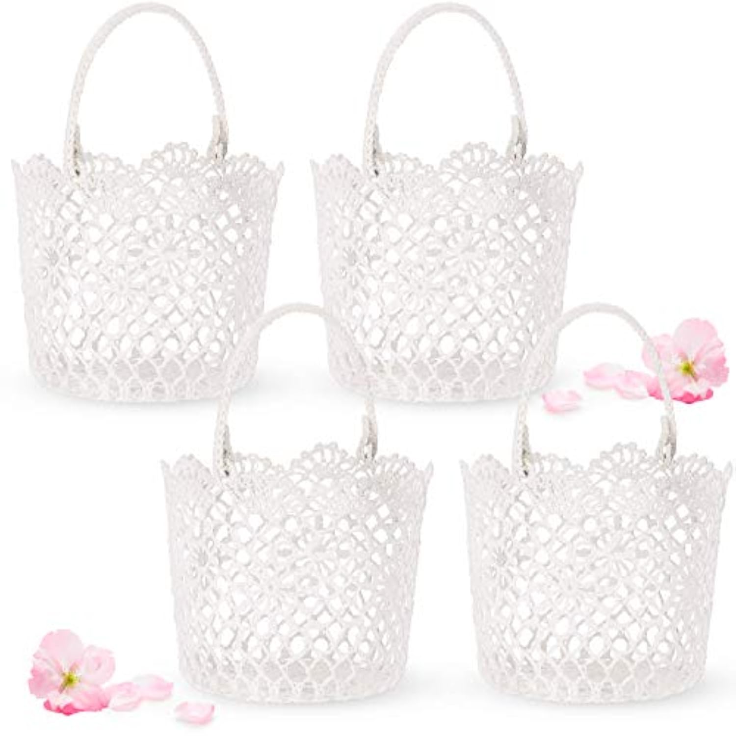 White Flower Girl Basket With Handle For Wedding Ceremony, 5.9 X 4.72 X 4.33 Inch