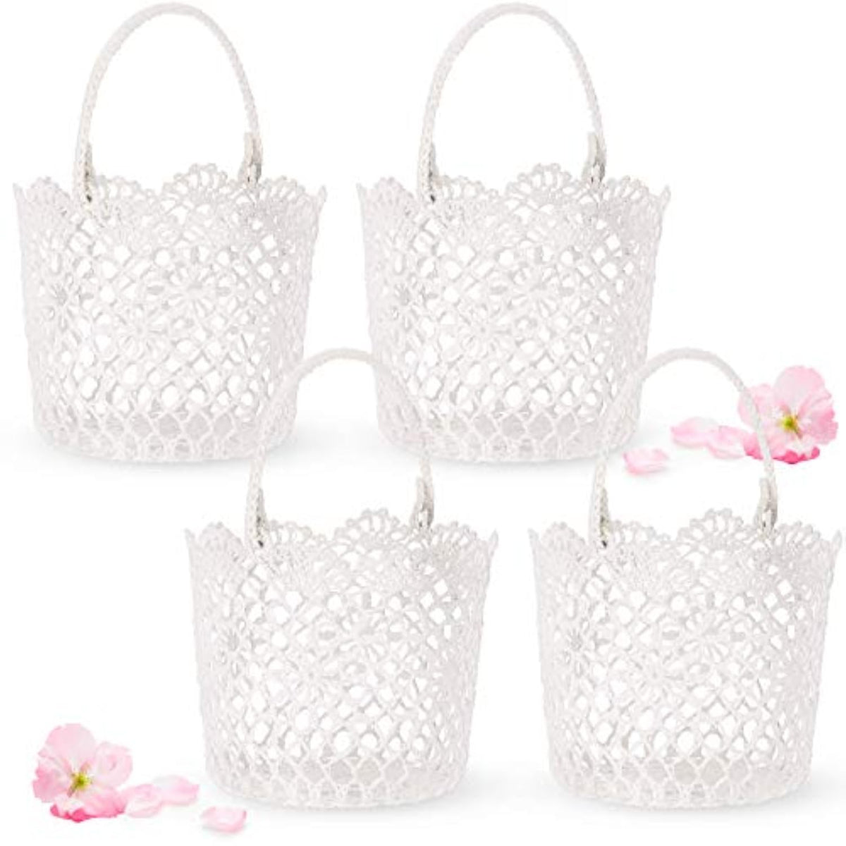 White Flower Girl Basket With Handle For Wedding Ceremony, 5.9 X 4.72 X 4.33 Inch