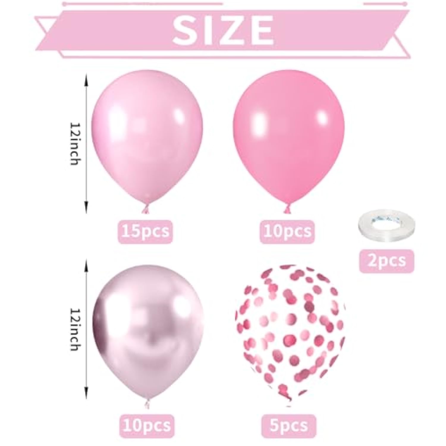 52pcs Metallic Chrome Pink Balloons with Confetti for Birthday, Baby Shower  Wedding