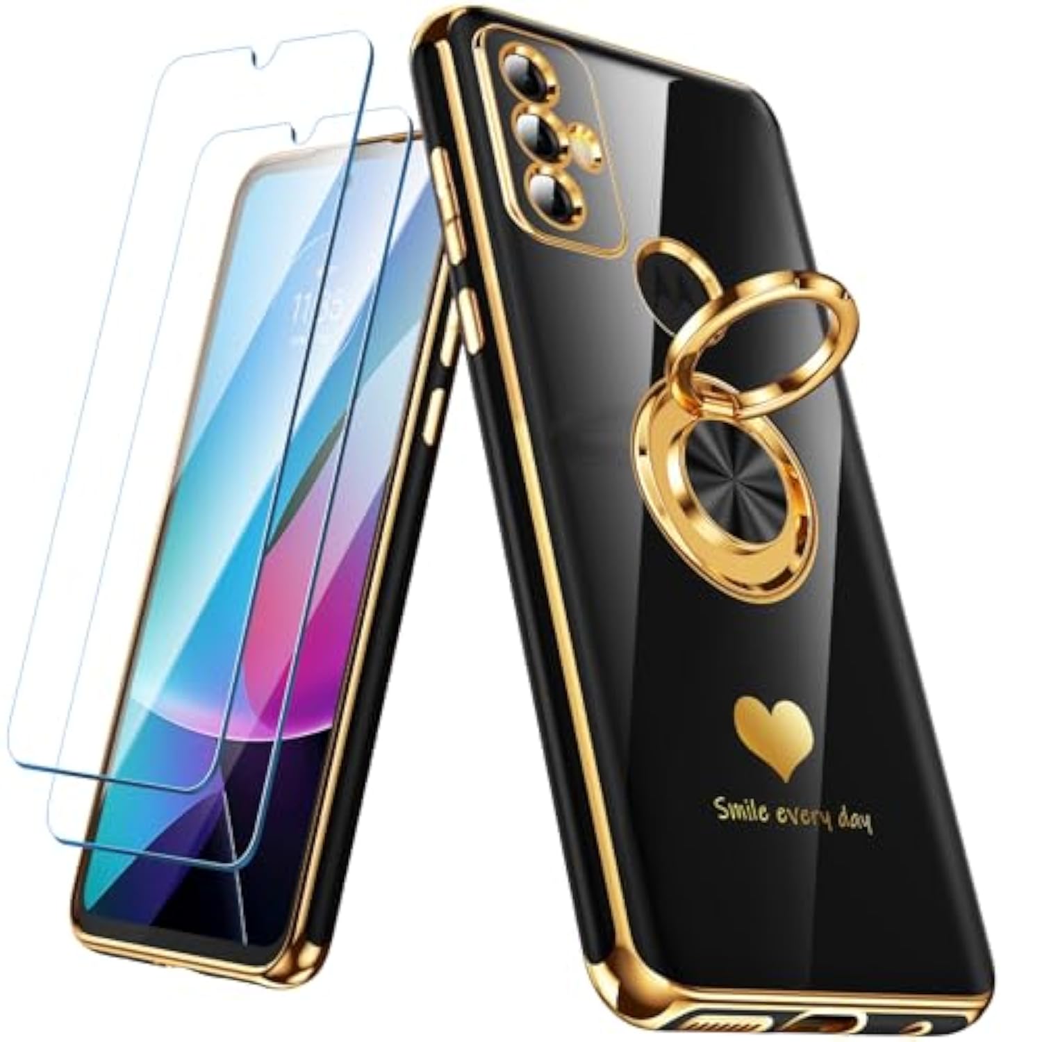 For Moto G Play 2023 Case With 2 Pack Screen Protector, 360° Rotatable Ring Holder [Luxury Hearts Pattern] Plating Gold Edge Slim Soft Phone Cover Case For Moto G Play 2023 - Black
