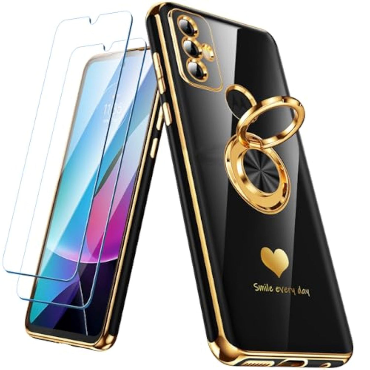 For Moto G Play 2023 Case With 2 Pack Screen Protector, 360° Rotatable Ring Holder [Luxury Hearts Pattern] Plating Gold Edge Slim Soft Phone Cover Case For Moto G Play 2023 - Black