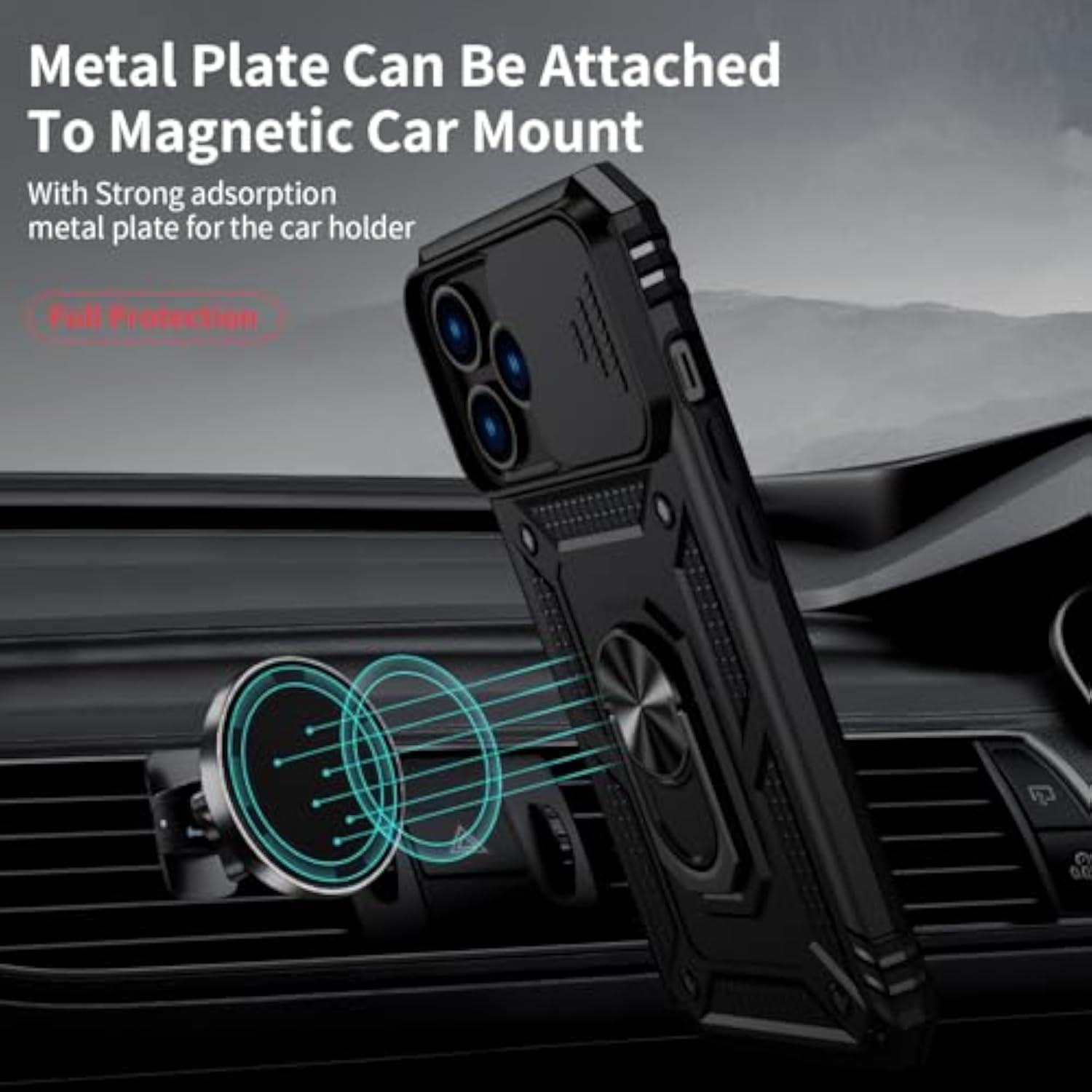 iPhone 13 Pro Case with Camera Lens Cover, HD Screen Protector, 10 FT Military Grade Drop Protection, Magnetic Ring Holder Kickstand Protective Phone Case for iPhone 13 Pro, Black