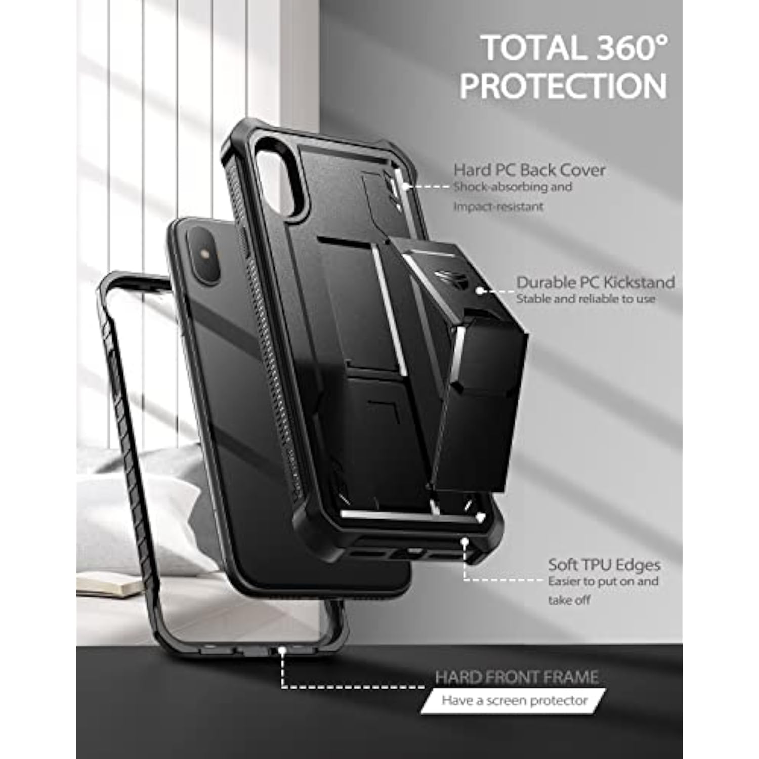 For Iphone Xs Max Case, [Built In Screen Protector And Kickstand] Heavy Duty Grade Protection Shockproof Protective Cover For Iphone Xs Max, Black
