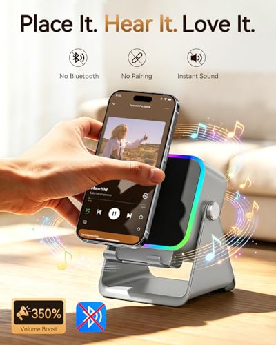 Induction Speaker with Phone Stand, Place & Play, 5-in-1 Wireless Bluetooth Speaker with RGB Light, Adjustable Desk Phone Holder with Emergency