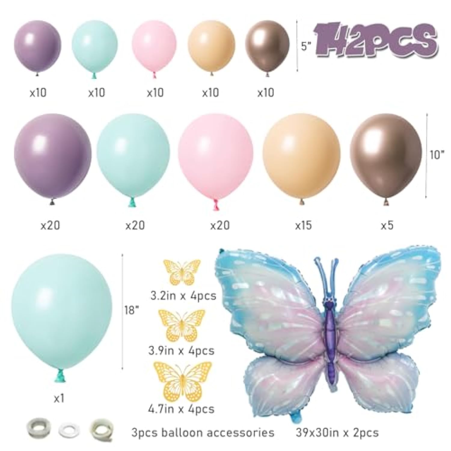 142pcs Butterfly Balloon Arch Kit with Pastel Balloons & Foil Butterflies