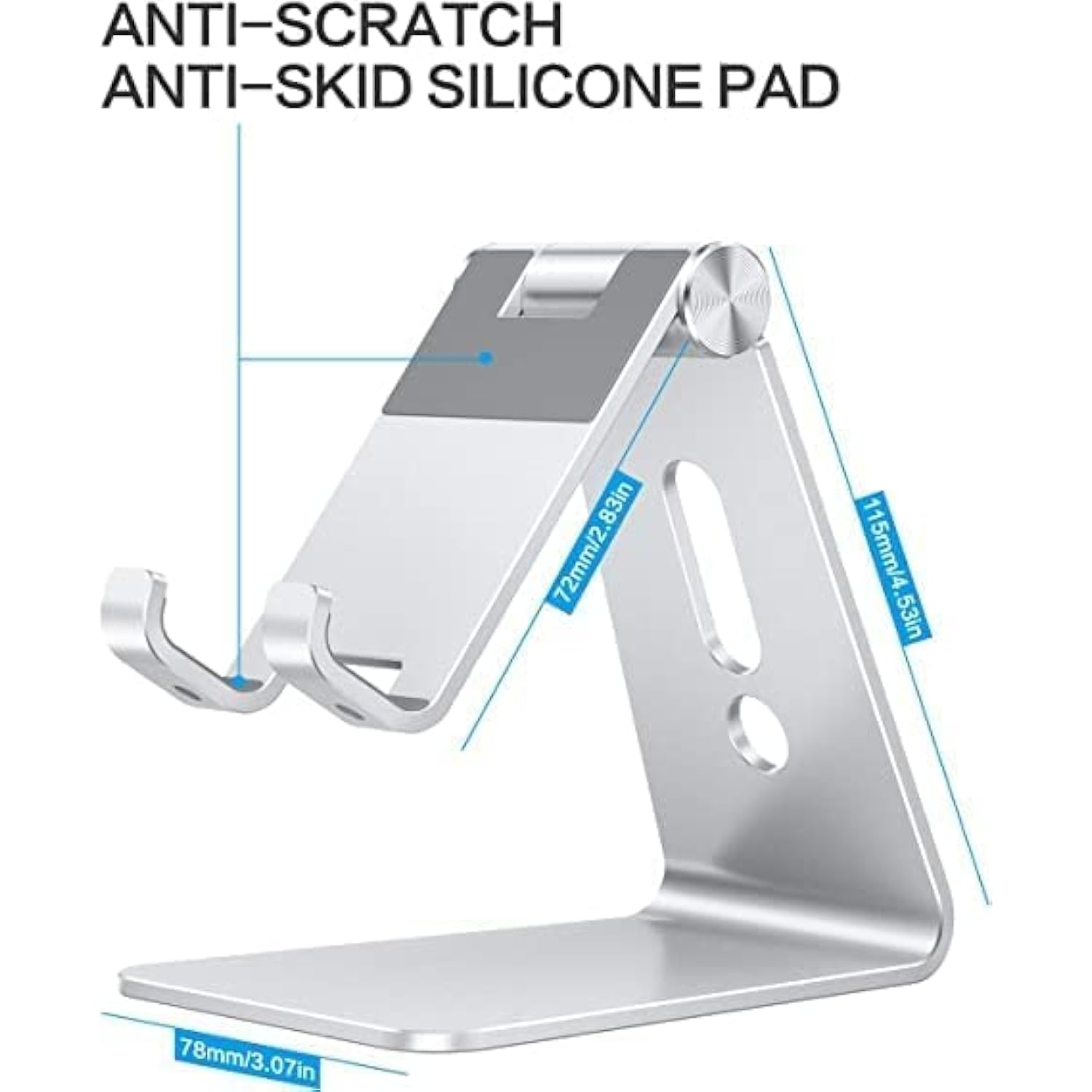 Adjustable Cell Phone Stand, Omoton Aluminum Desktop Cellphone Stand With Antislip Base And Convenient Charging Port, Fits All Smart Phones, Silver