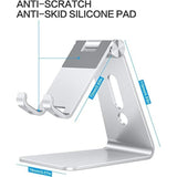 Adjustable Cell Phone Stand, Omoton Aluminum Desktop Cellphone Stand With Antislip Base And Convenient Charging Port, Fits All Smart Phones, Silver