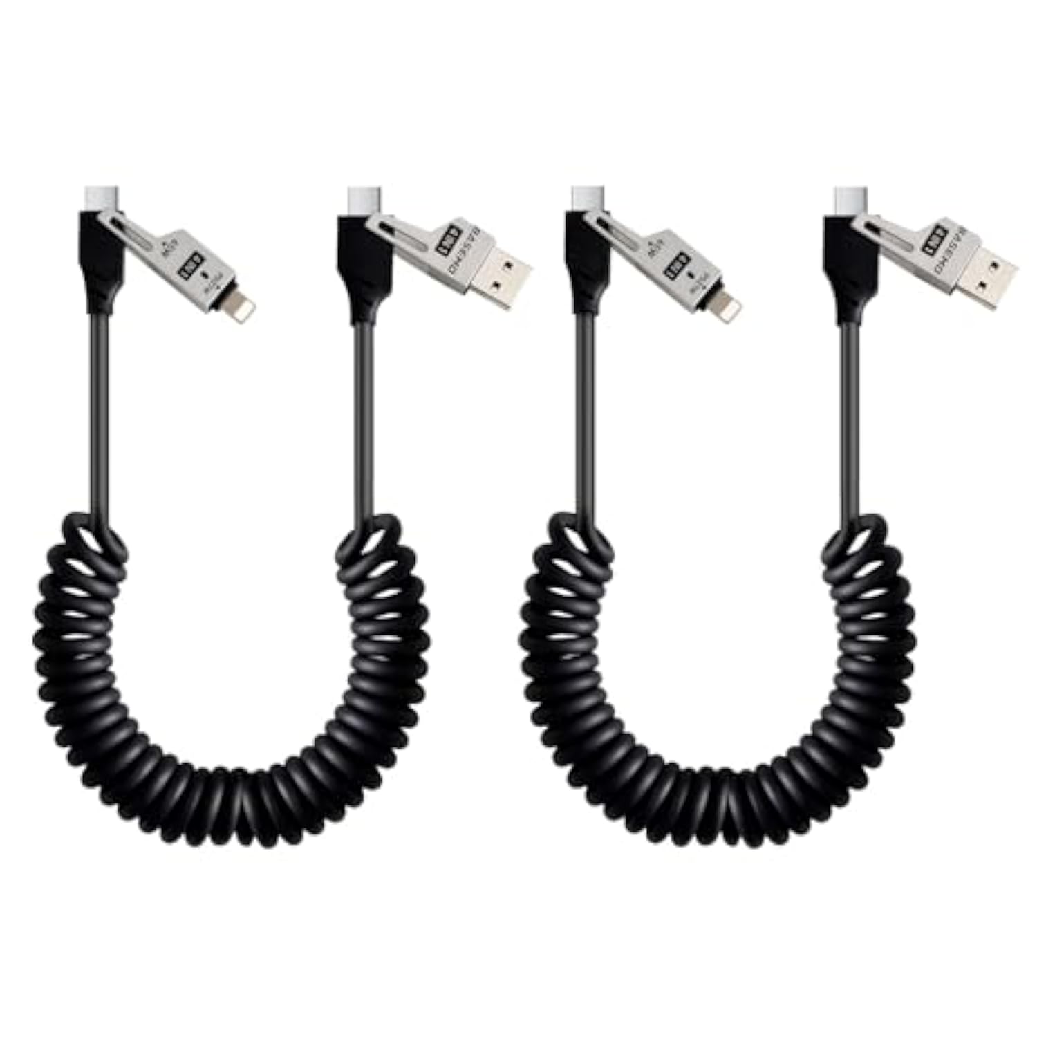 65W 4-In-1 Retractable Fast Charging Cable, 2M/6.5Ft Spring Coiled Usb-C To L/Usb-C/Usb-A Multi-Device Cord For Iphone 15/14/13, Ipad, Samsung, Macbook, Laptop, Car, Tablet (2)