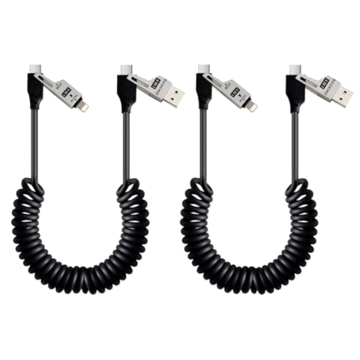 65W 4-In-1 Retractable Fast Charging Cable, 2M/6.5Ft Spring Coiled Usb-C To L/Usb-C/Usb-A Multi-Device Cord For Iphone 15/14/13, Ipad, Samsung, Macbook, Laptop, Car, Tablet (2)