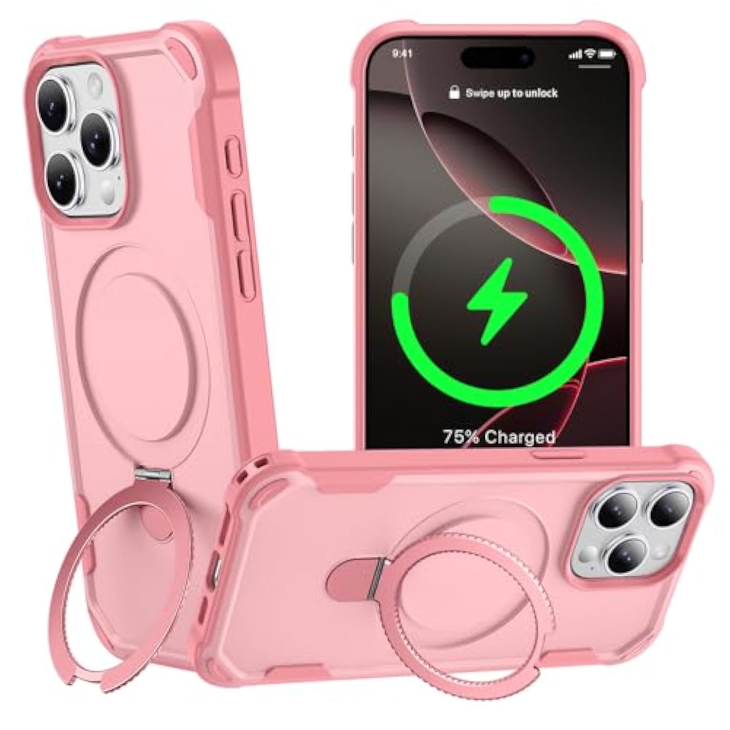 Designed For Iphone 16 Pro Max Case With Magnetic Stand [Military Drop Protection][Compatible With Magnet] Shockproof 16 Pro Max Phone Case With Ring Holder, Pink