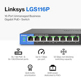Lgs116P 16 Port Gigabit Unmanaged Network Poe Switch With 8 Poe+ Ports @ 80W - Ideal For Business, Home, Office, Ip Surveillance - Ethernet Switch Hub With Metal Housing, Desktop / Wall Mount