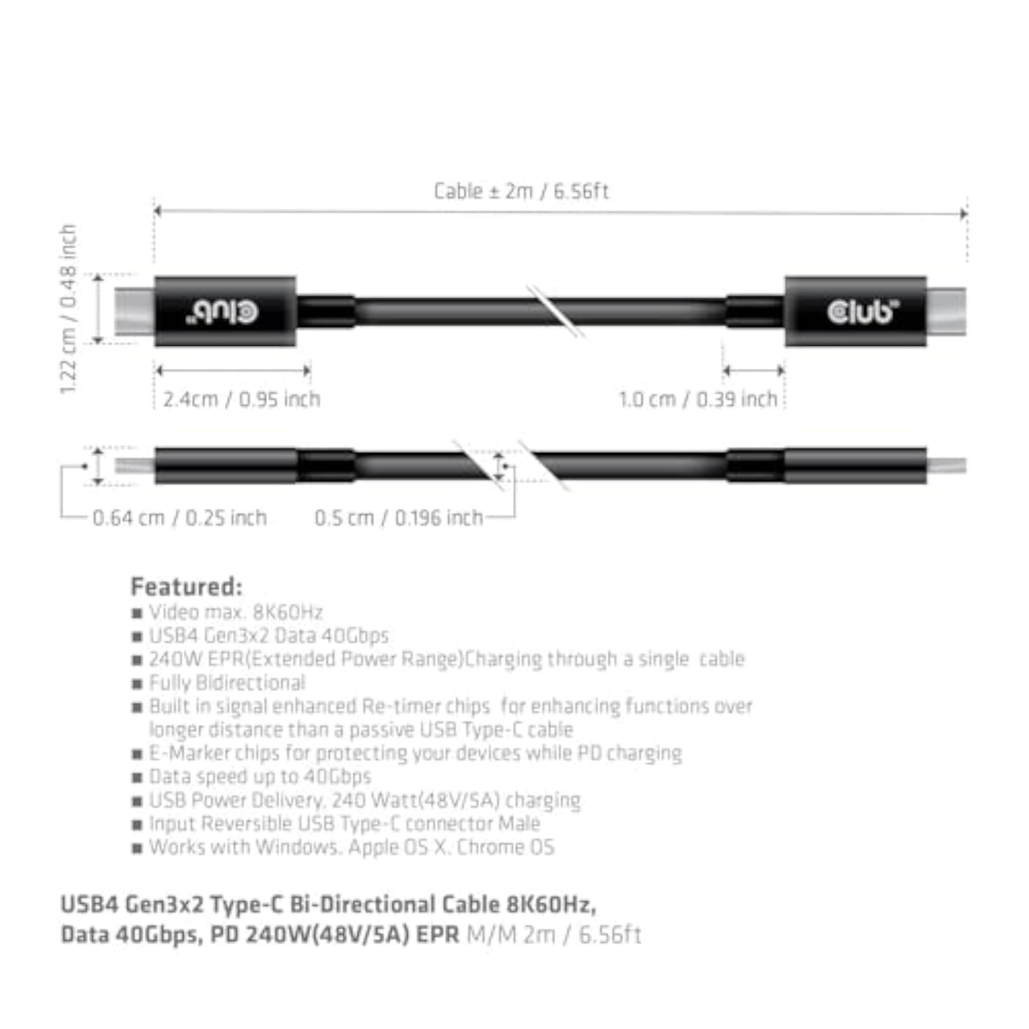 Cac-1578 Usb4 Gen3X2 Type C To Type C Bi-Directional Cable With 240W Charging,