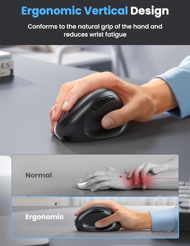 Ergonomic Mouse, Bluetooth Wireless Vertical Mouse, Rechargeable Battery, Quiet Clicks, 4800 Dpi Adjustable, Bt5.0/3.0 & 2.4G Connect, Easy To Use, Wide Compatibility - Black