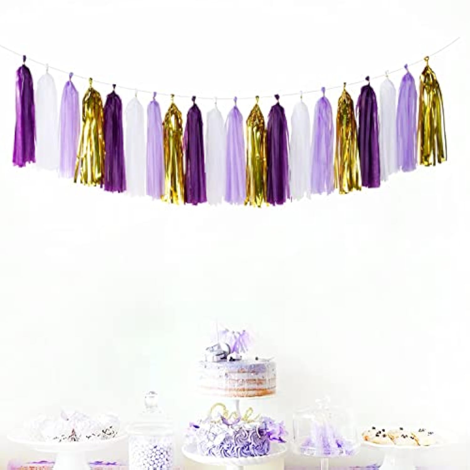 Purple-Gold Party Decoration Tassel Garland - 20Pcs Lavender White Gol