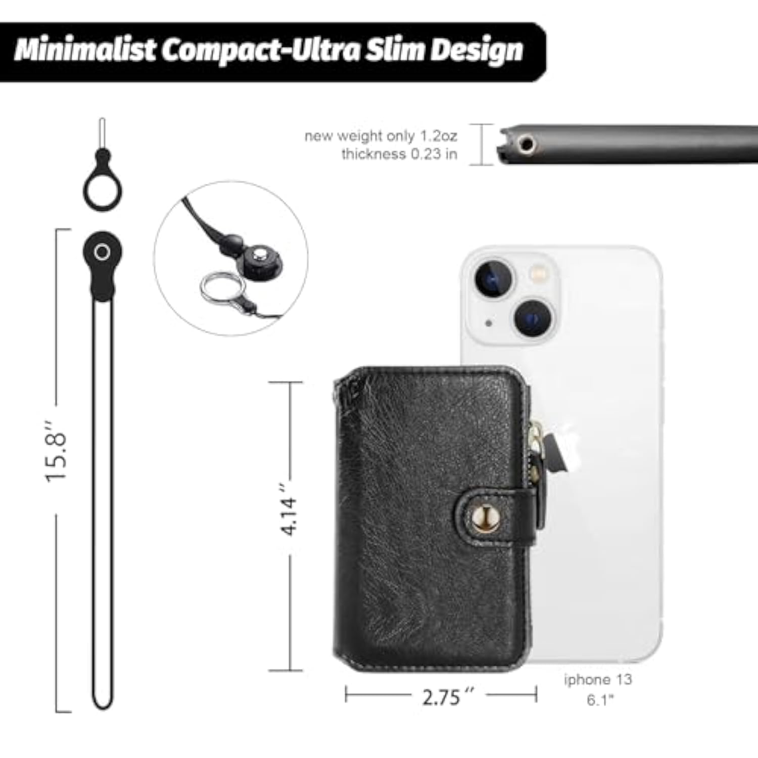 Phone Wallet with Card Holder, Zipper Coin Purse & Lanyard for iPhone 14 - Black