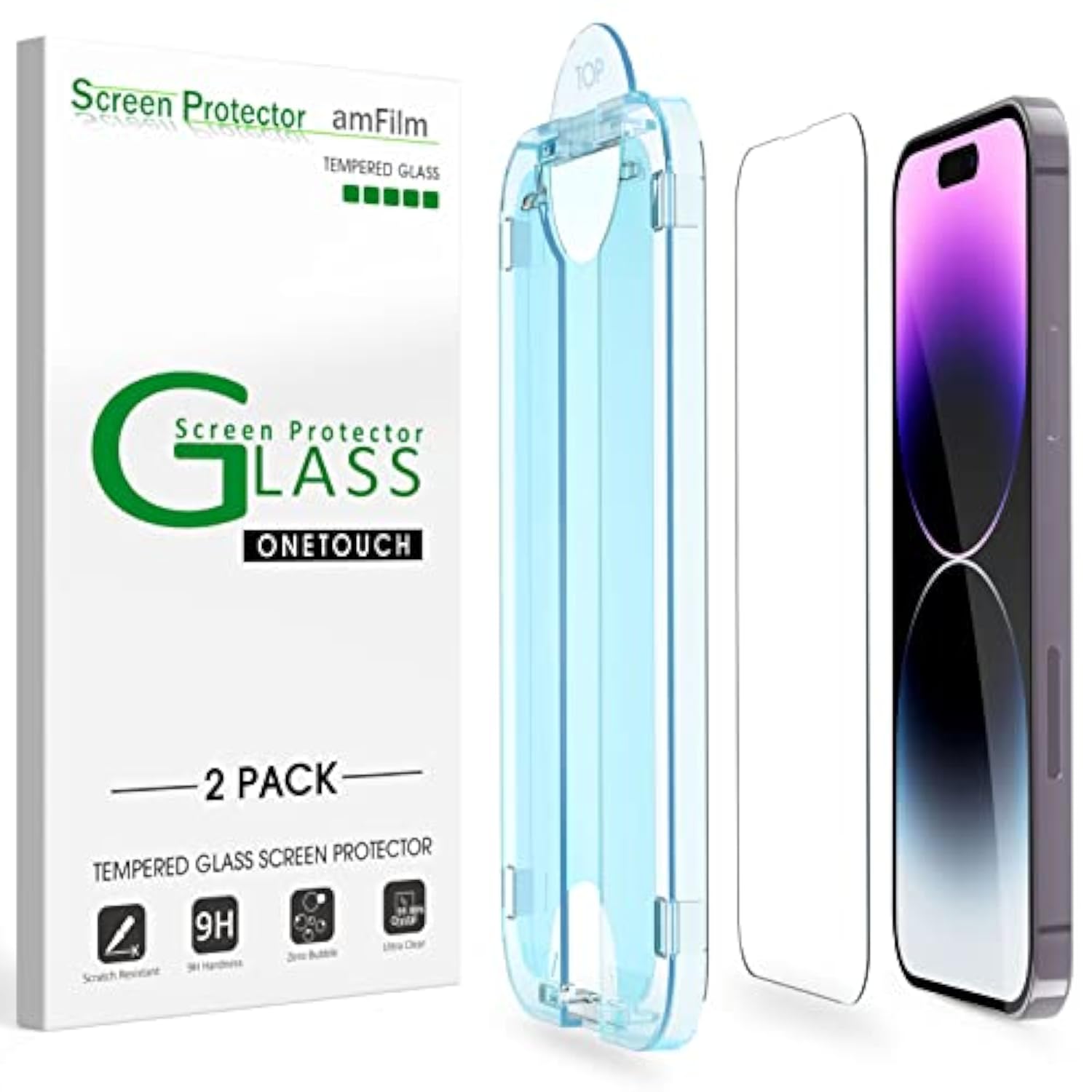Amfilm Easiest Installation Onetouch For 14 Pro [6.1 Inch] Screen Protector Tempered Glass, Auto-Alignment Tech, Bubble Free And Full Coverage Case Friendly, Anti-Scratch 2 Pack
