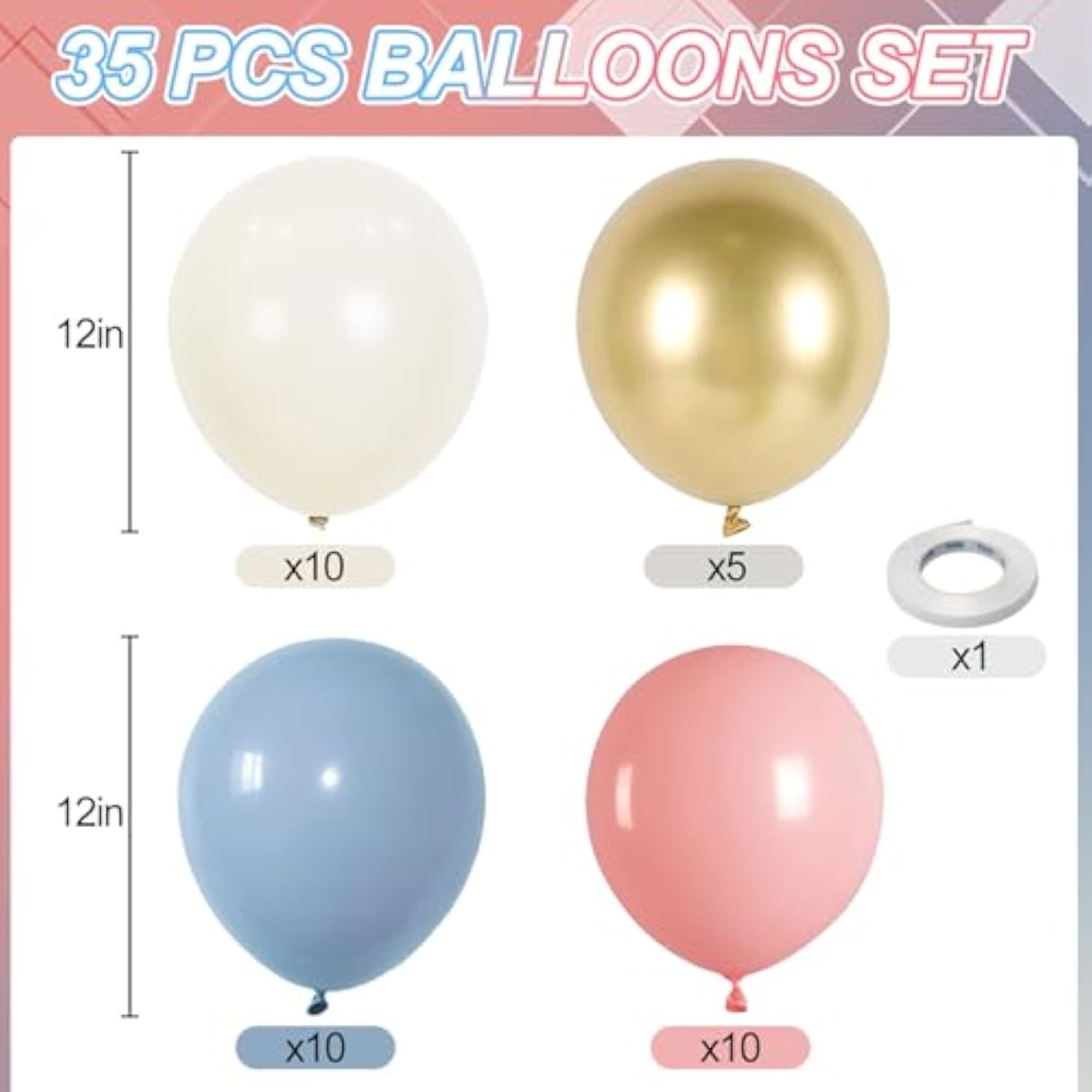12" Dusty Pink, Blue & Gold Gender Reveal Balloons for Boho Baby Showers
