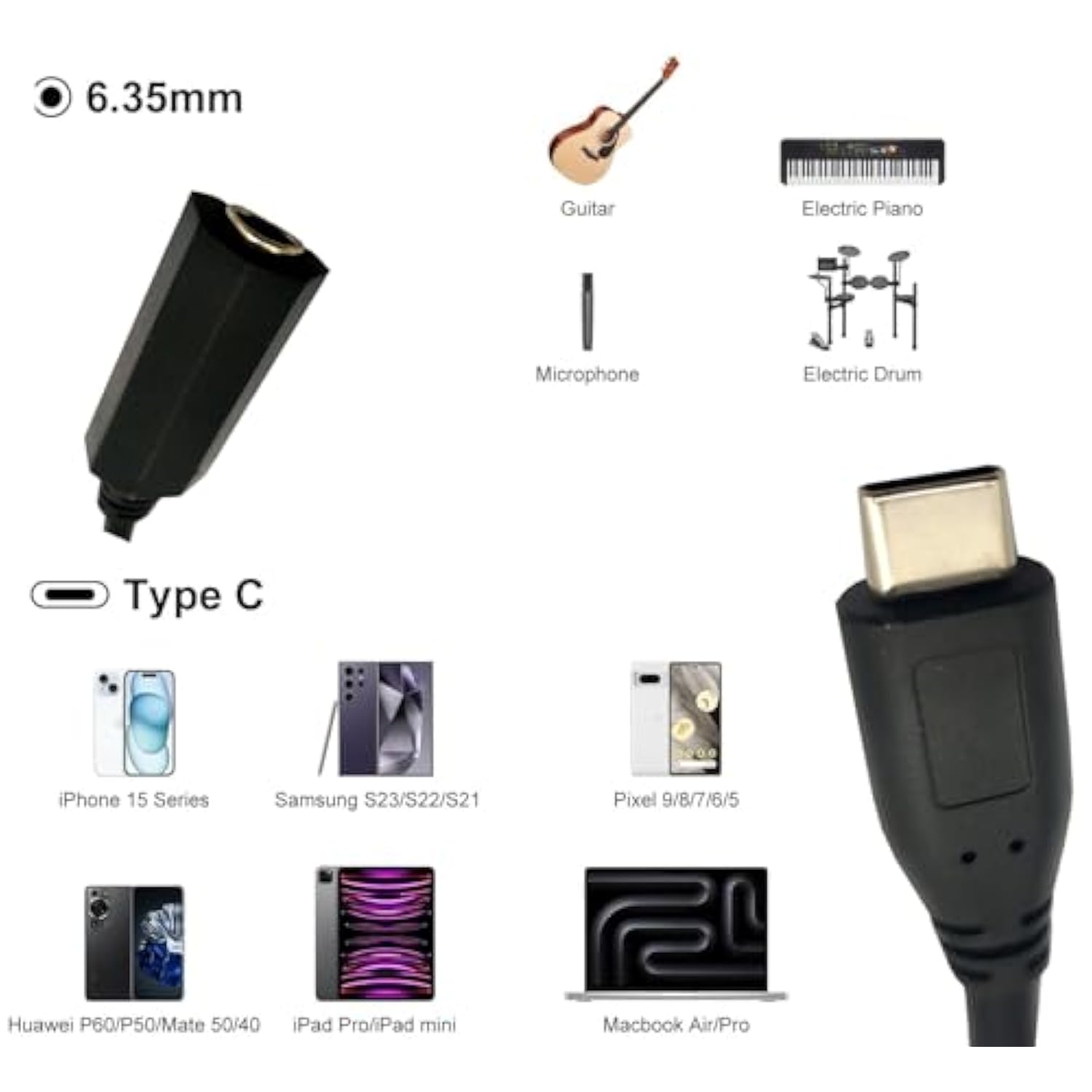 Usb C To 1/4 Trs Audio Cable, Usb Type C Male To 6.35Mm Female Stereo Output Adapter Cord For Mobile Phones/Tablets With Type-C Interface,Audio Equipment Etc(1Feet/0.3M)