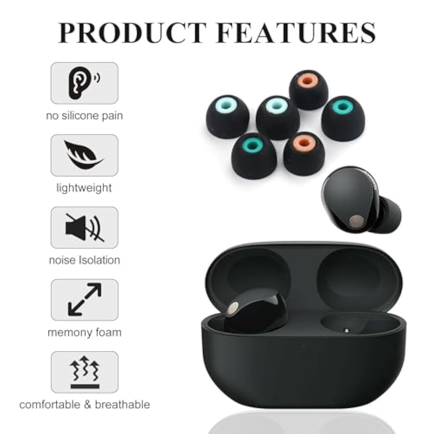 3 Pairs Wf-1000Xm5 Ear Tips Memory Foam Earbud Tips Compatible With Sony Wf-1000Xm4 Wf-1000Xm5 Earbuds Tips Soft Slow-Rebound Memory Foam Ear Tips Ear Replacement Tips (S/M/L, Black)