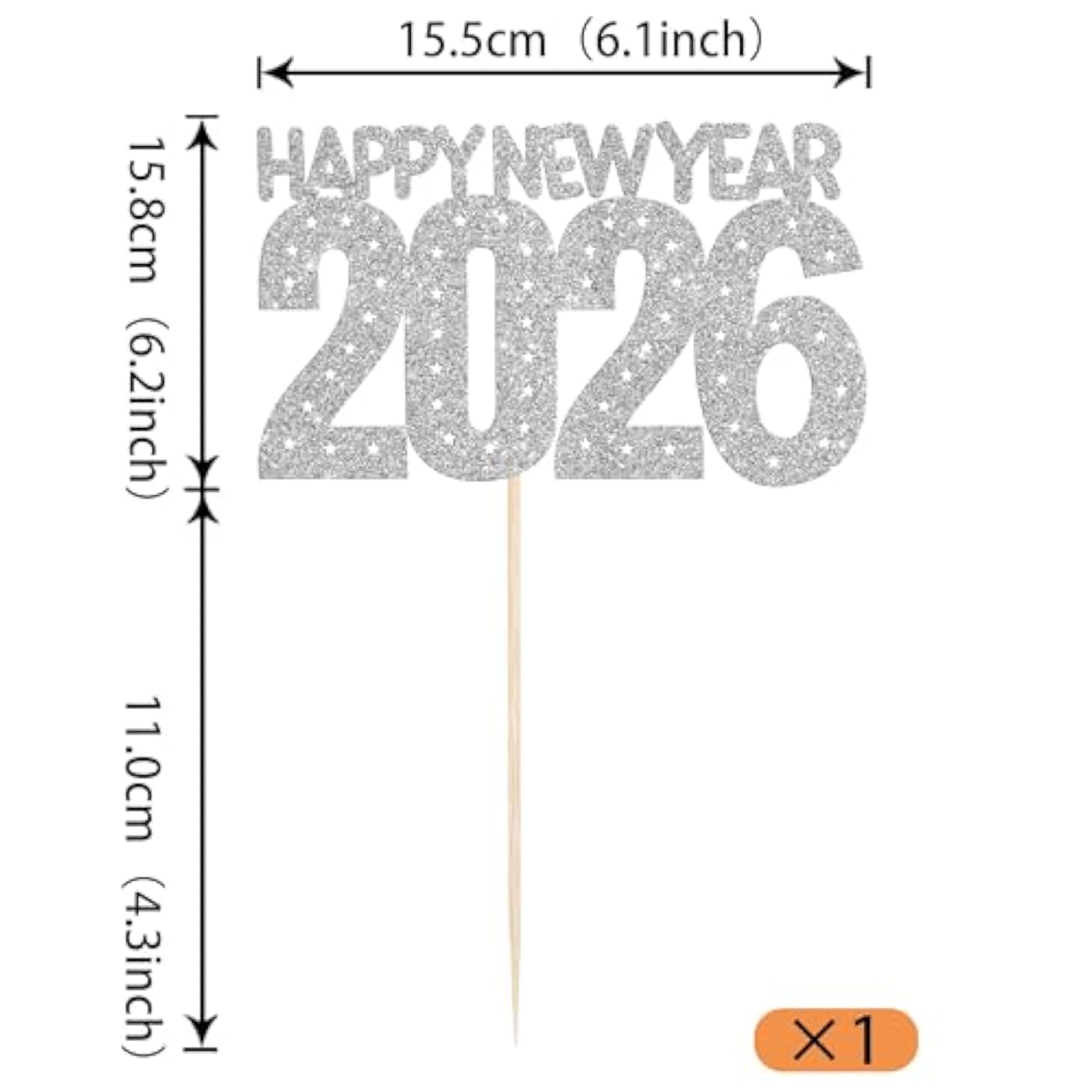 2026 Happy New Year Cake Topper Silver Glitter for NYE Party Decorations