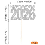 2026 Happy New Year Cake Topper Silver Glitter for NYE Party Decorations