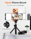 Tripod Phone Mount, Dual Phone Holder with 4 Cold Shoe and 1/4" Screw, 360° Rotates and 180° Tilts Adjustable Cold Shoe Mount for Phone, Camera,