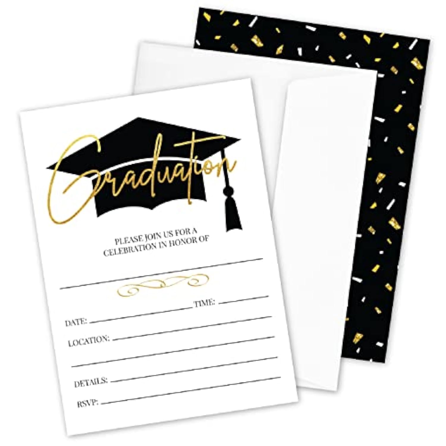 25- Gold & Black Graduation Party Invitations With Envelopes For 2024 College, High School, University Grad Celebration Or Announcement- Invite Cards Fill In Style- Party Decorations Supplies