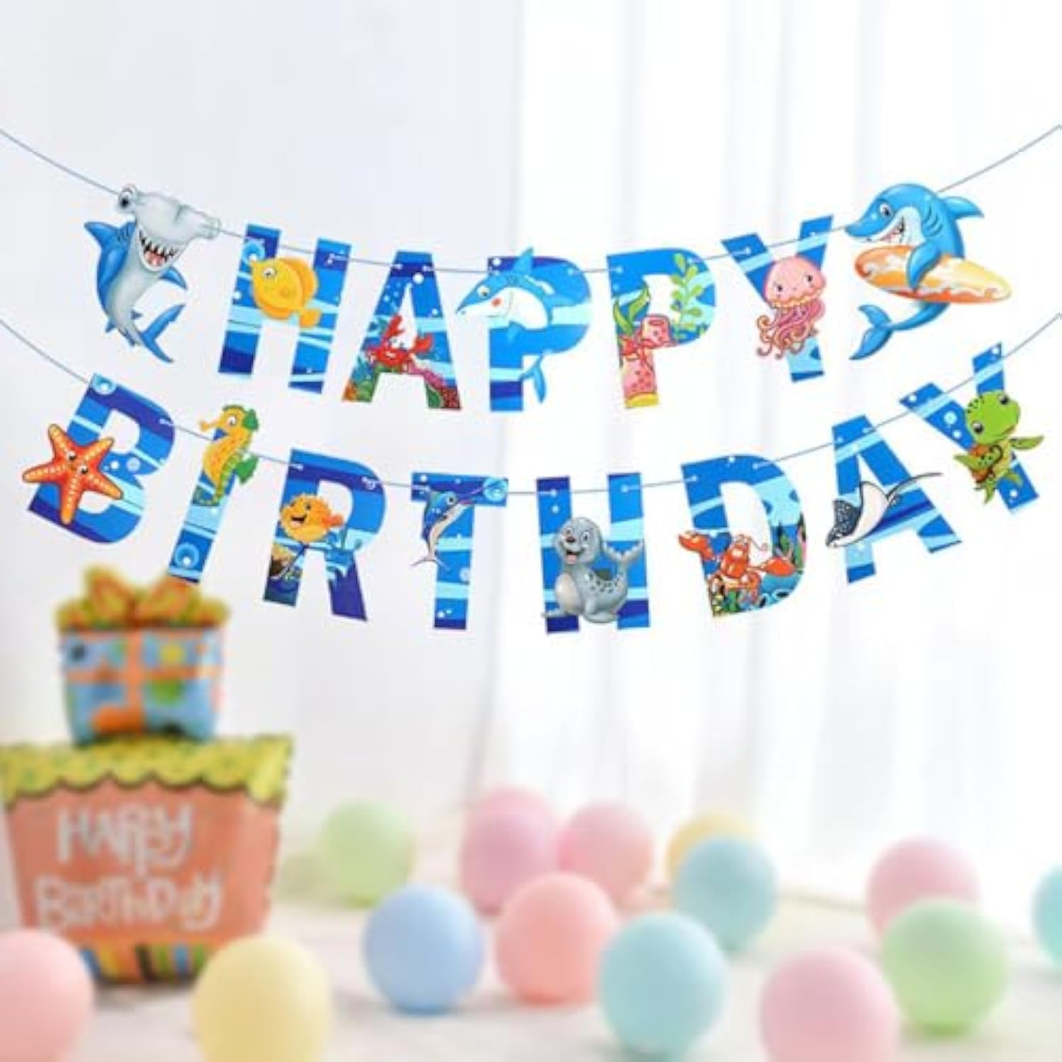 Shark Marine Theme Happy Birthday Banner - Boy'S Birthday Party Banner Decoration - Blue (Shark Marine)