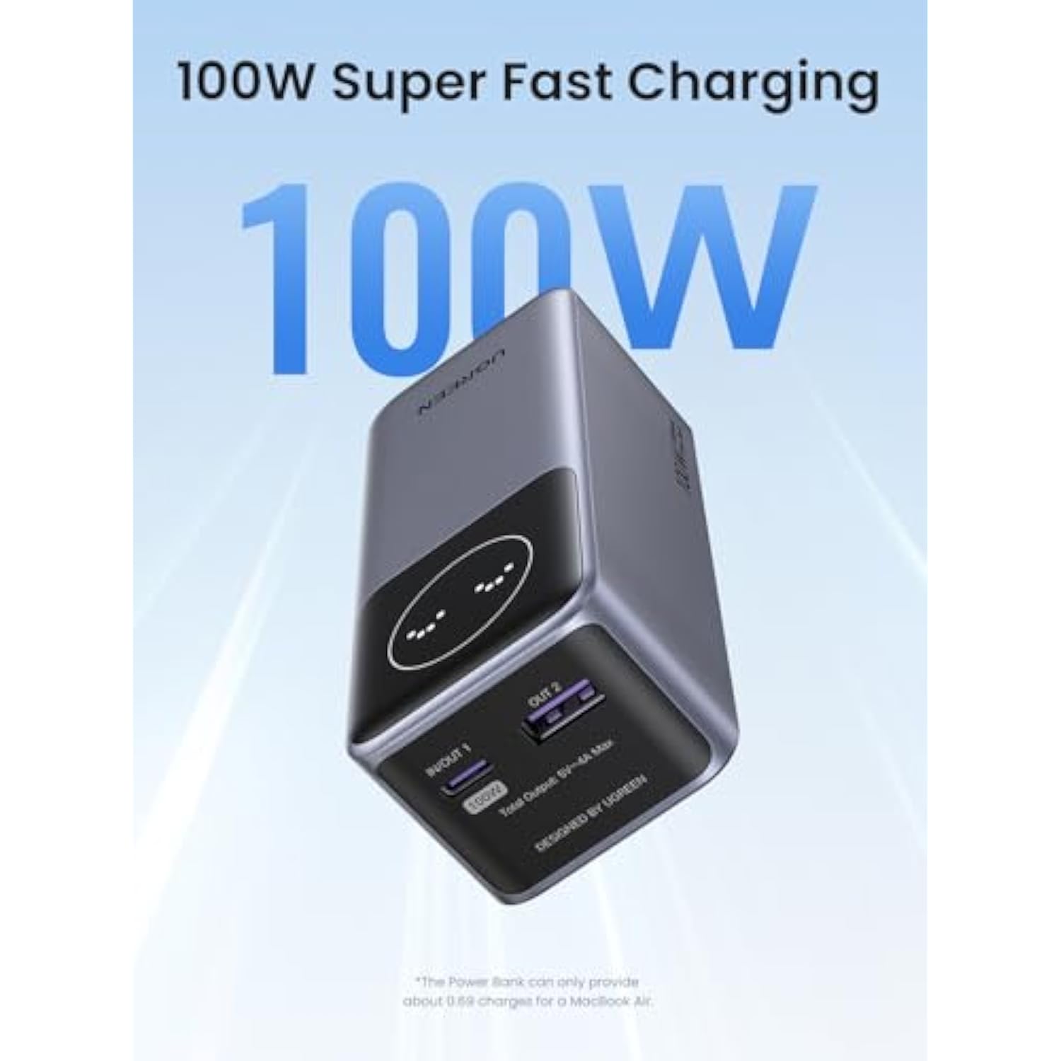 UGREEN Nexode Power Bank 12000mAh 100W PD PPS Fast Charging Portable Charger Battery Pack with 1USB-C 1USB-A and Smart Display for MacBook Air/ipad/iPhone 16/Galaxy S24/Steam Deck/Google etc