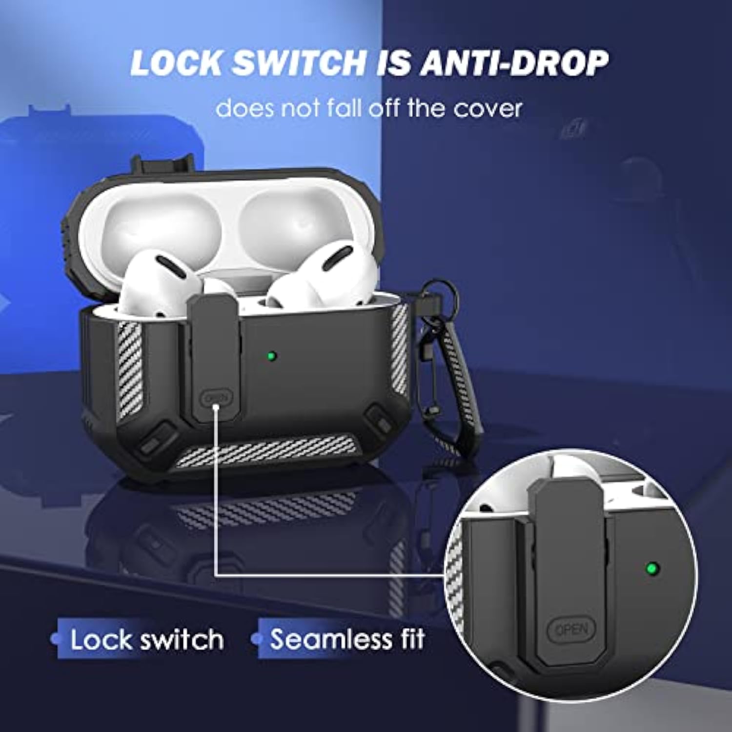 For Airpods Pro Case Cover With Cleaner Kit, Military Hard Shell Protective Armor With Lock For Airpod Pro Charging Case, Front Led Visible,Black
