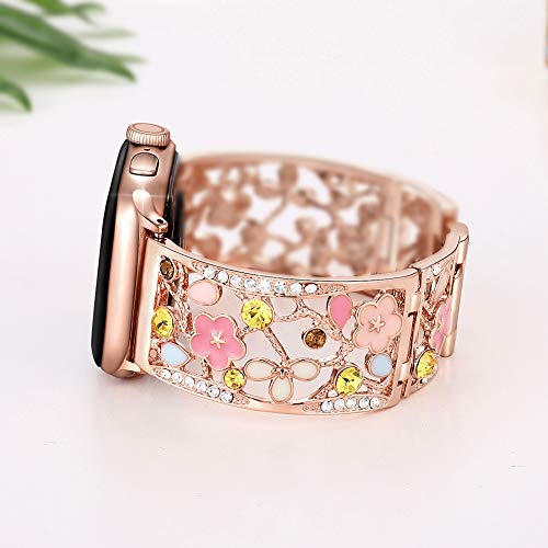 Floral Bracelet Compatible with Apple Watch Band 38mm 40mm 41mm 42mm iWatch Bands Series 11 10 9 8 7,Bling Crystal Hollow Metal Strap,Cute Women