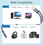 Braided Headphone Splitter for Computer, 3.5mm Female to 2 Dual 3.5mm Male Earphones Port, Mic Y Audio Splitter Cable Compatible with Headset