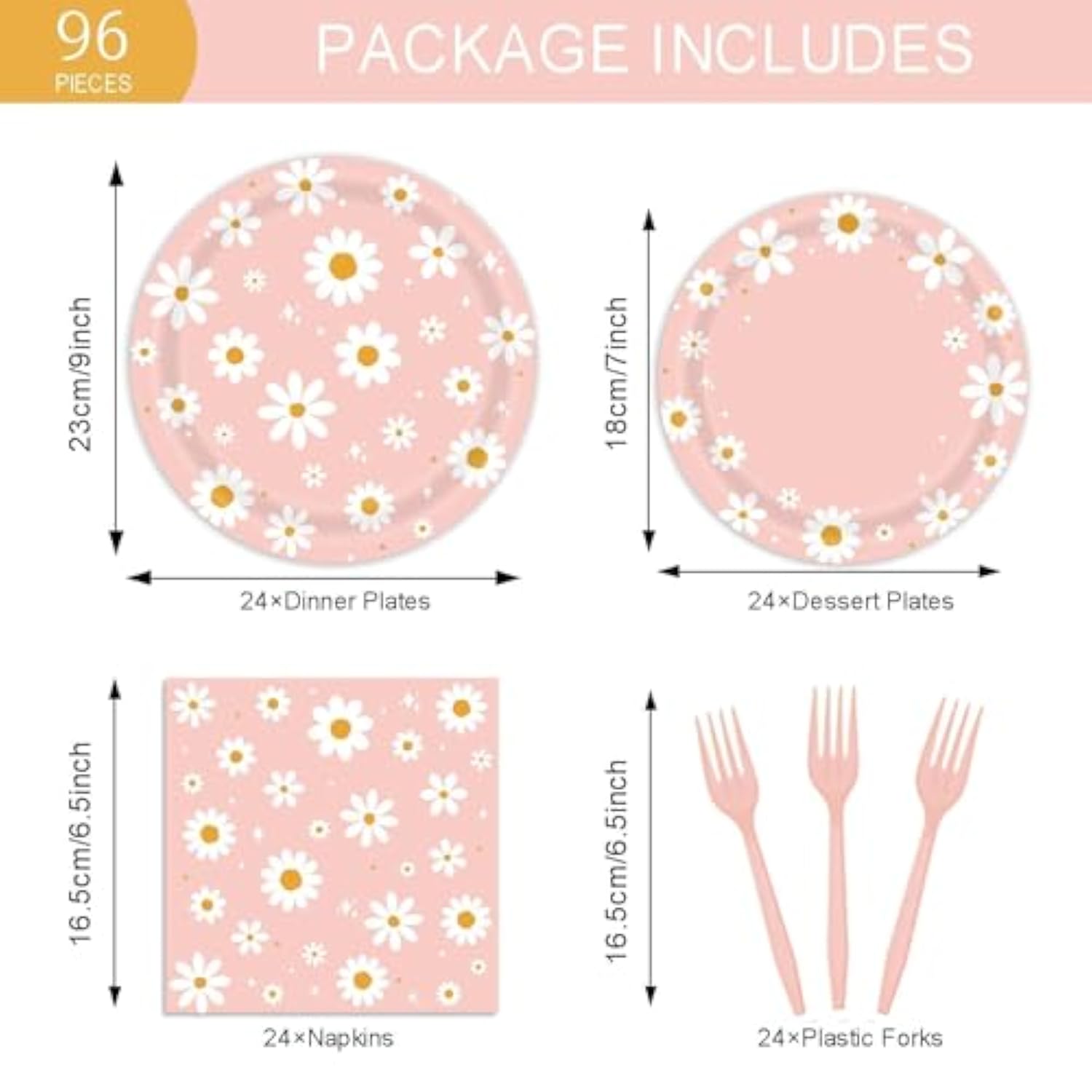 96Pcs Daisy Birthday Party Tableware Set - Include Paper Plates Napkins Forks, One Two Groovy Disposable Party Supplies Decorations For Girl Birthday Baby Shower Serve 24 Guests