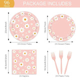 96Pcs Daisy Birthday Party Tableware Set - Include Paper Plates Napkins Forks, One Two Groovy Disposable Party Supplies Decorations For Girl Birthday Baby Shower Serve 24 Guests