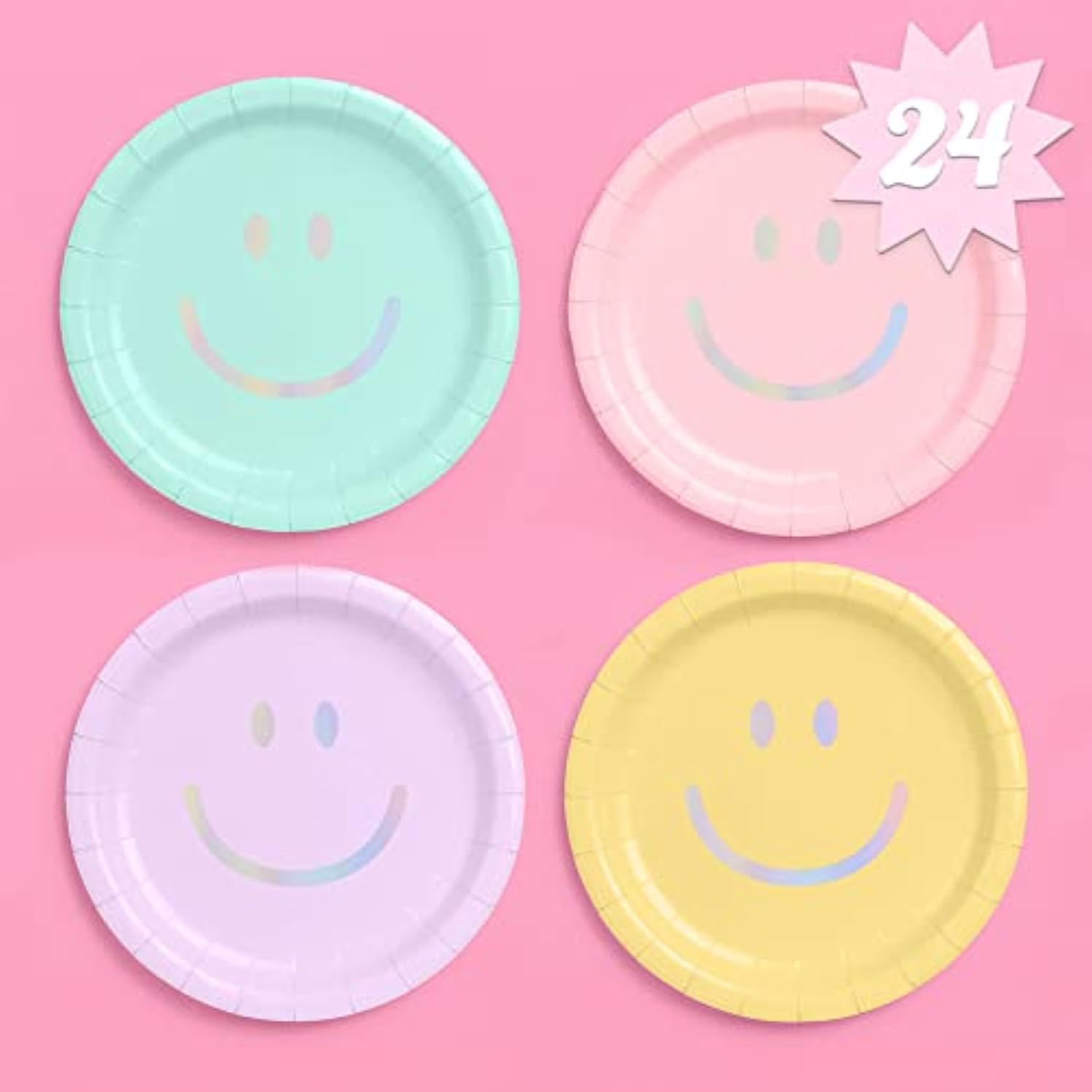 Smiley Paper Plates - 24 Pk, 9" | Happy Pastel Birthday Party Decorations, Cute Bachelorette Party, Cool Cake Plates