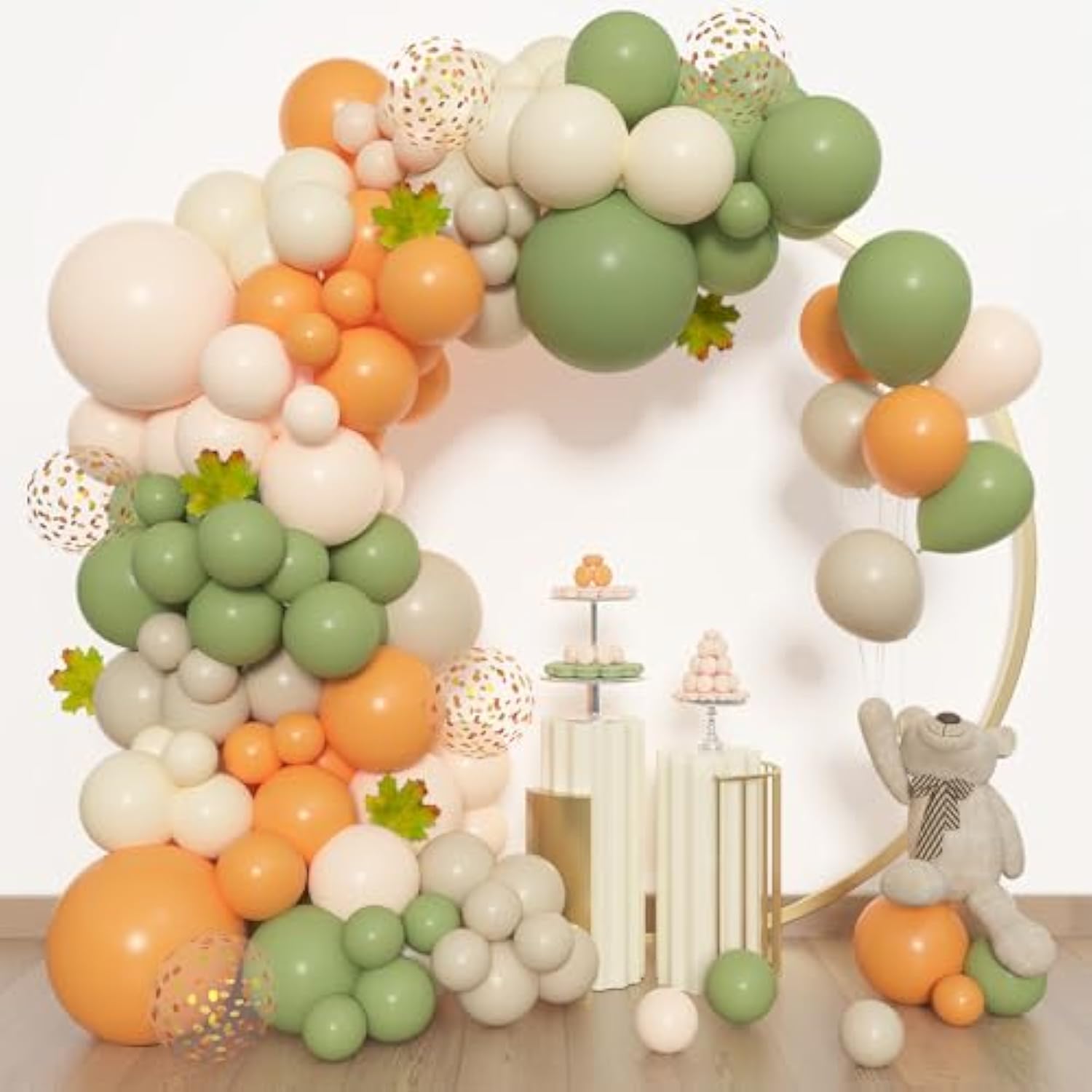 153PCS Green Orange Balloon Arch Kit with Sage White Sand Balloons for Baby Shower
