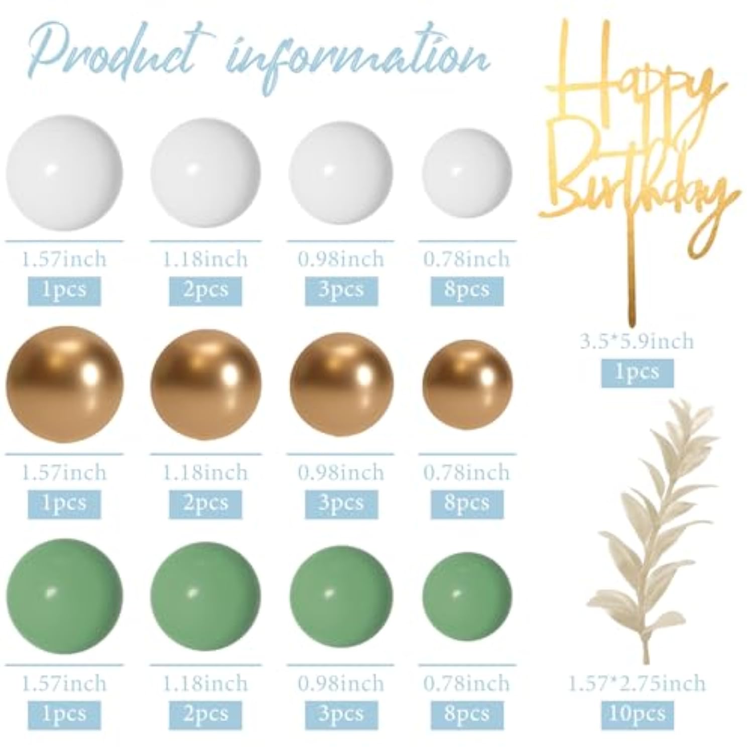 Boho Ball Cake Toppers Green, Gold, & White Grass Insert Decor for Parties