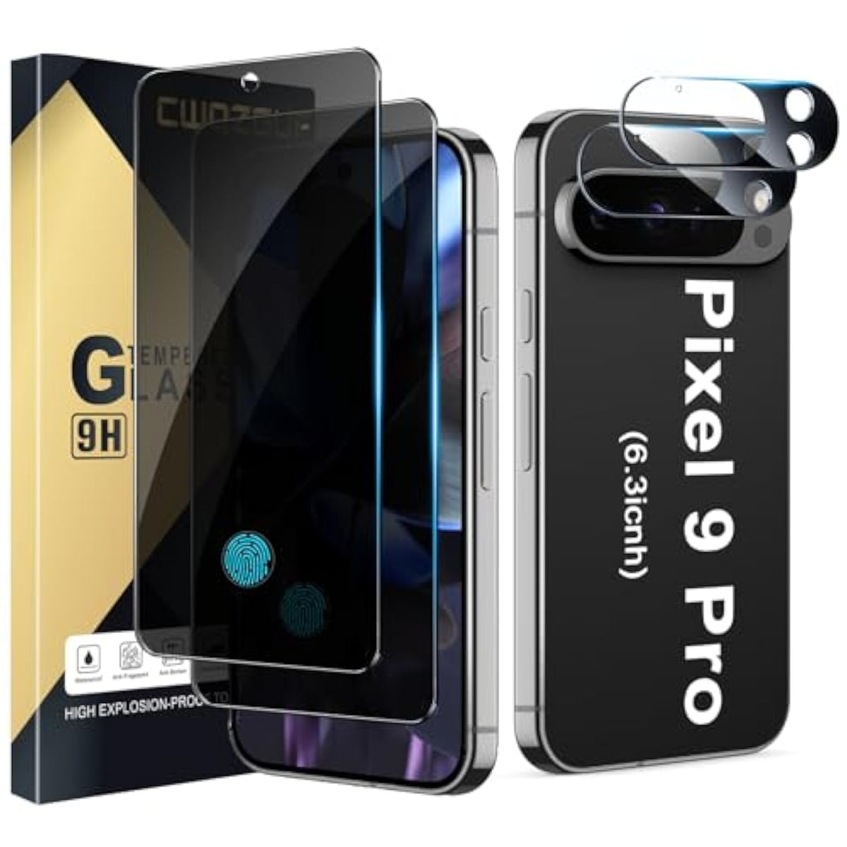 Privacy Screen & Lens Protector 4-Pack for Pixel 9 Pro 5G - Anti-Spy 9H Glass