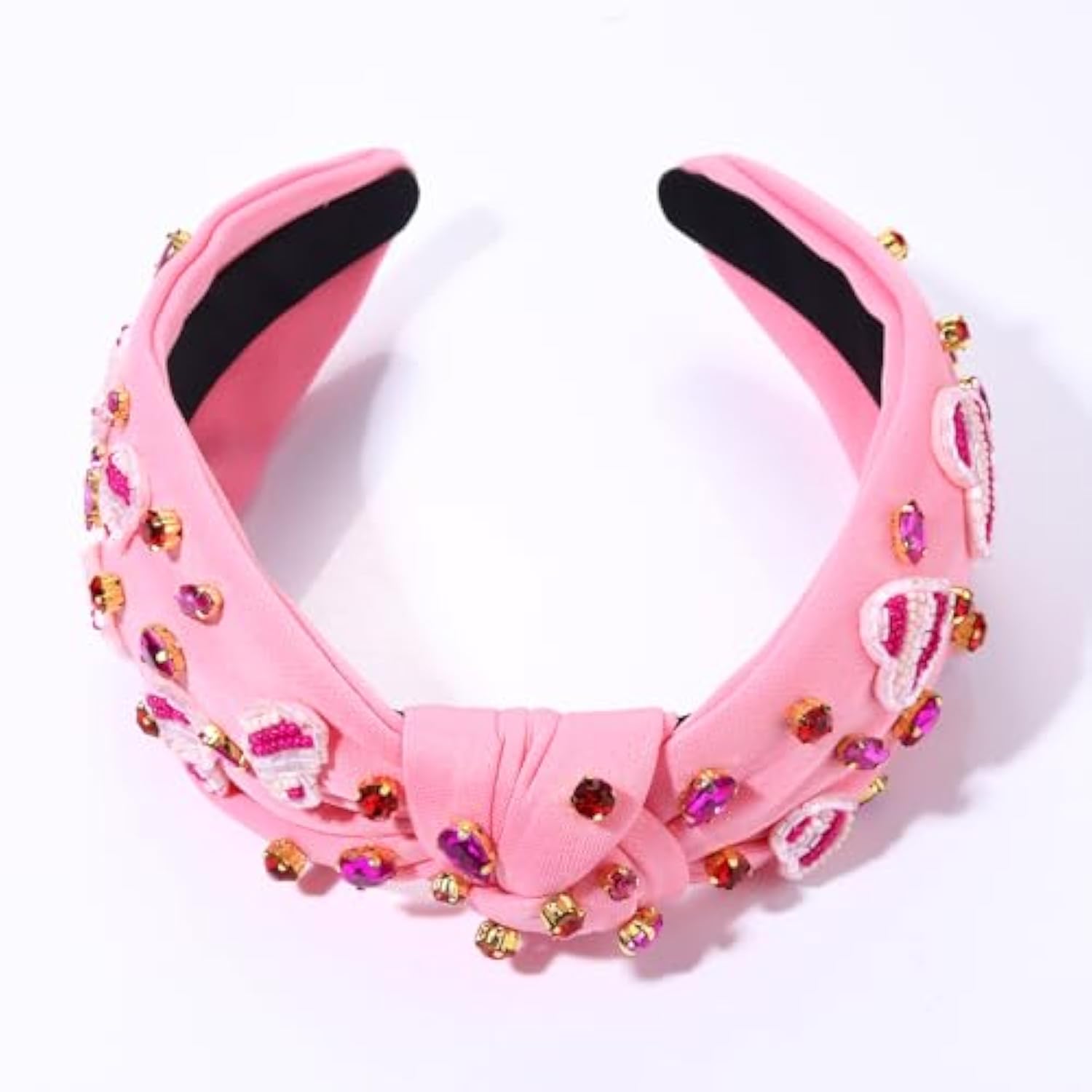 Valentines Day Headband Red Pink Heart Headband Jeweled Crystal Knotted Valentines Lover Party Hair Accessory (Pink Beaded Heart)