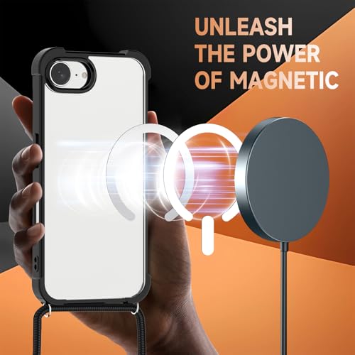 Magnetic Crossbody Case for iPhone 16e & iPhone 17e, [Compatible with MagSafe] HD Clear Hybrid Protective Cover with Integrated Dual Lanyard Holes &