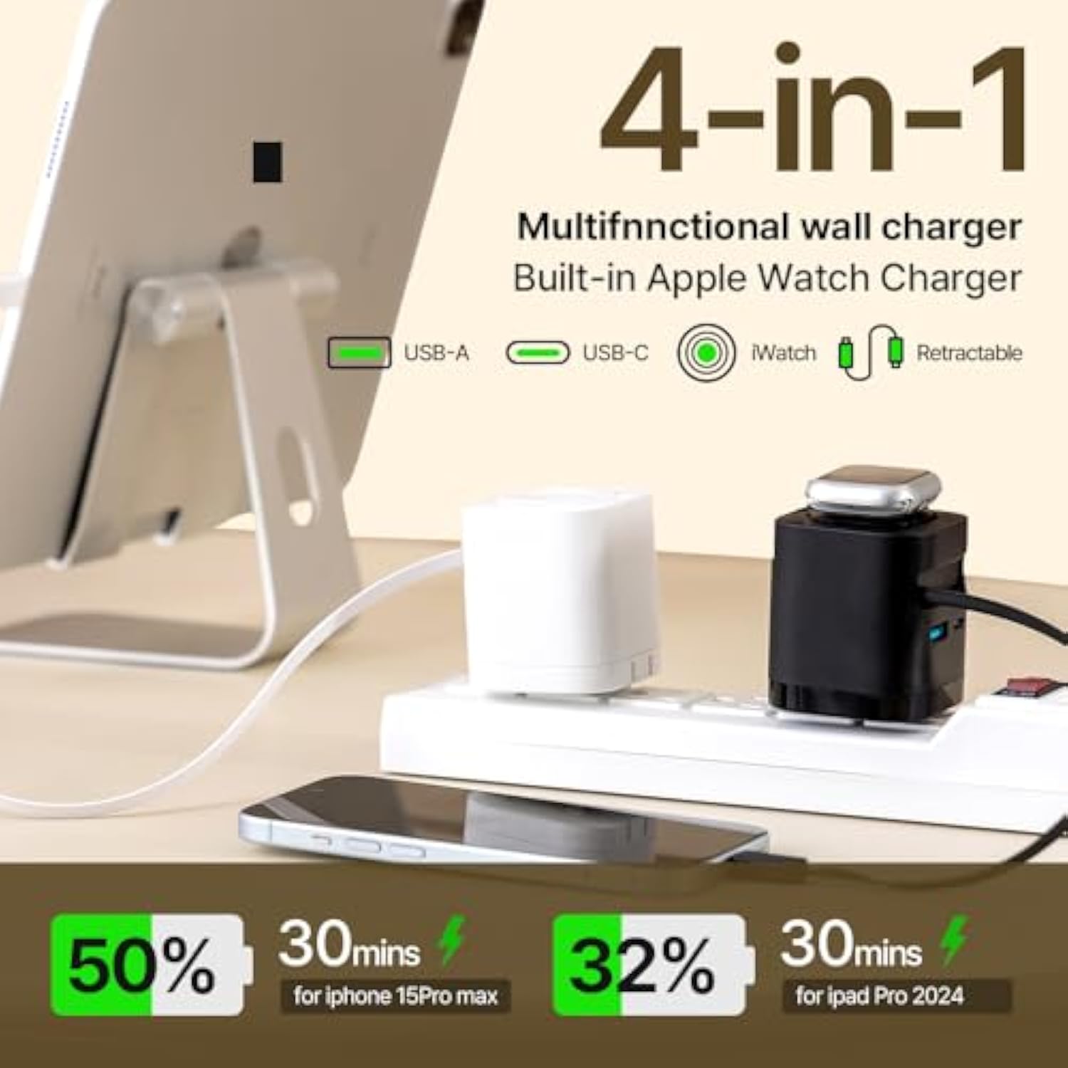 65W Usb-C Charging Block With Retractable Cable & Built-In Wireless Magnetic Iwatch Charger, Foldable Pd/Pps Travel Wall Charger For Iphone, Ipad, Macbook, Iwatch Ultra/Se/10/9/8/7/6/5(White)
