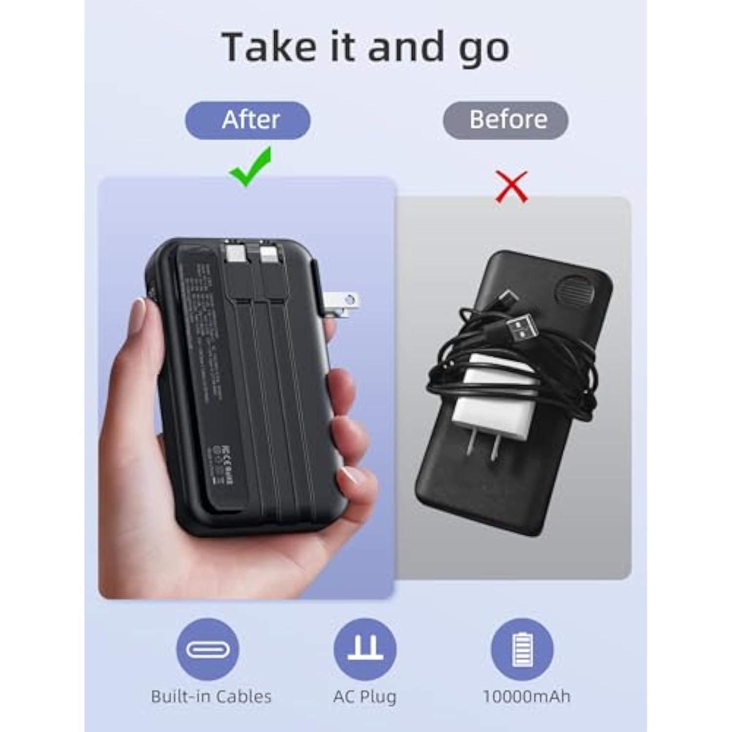 Portable Charger Built In Cables, Ac Wall Plug In Portable Charger Power Bank 10000Mah Travel Battery Pack 22.5W Fast Charging For Iphone 16/15/14 Samsung Galaxy S24/S23/S22 Pixel Lg Ipad, Black
