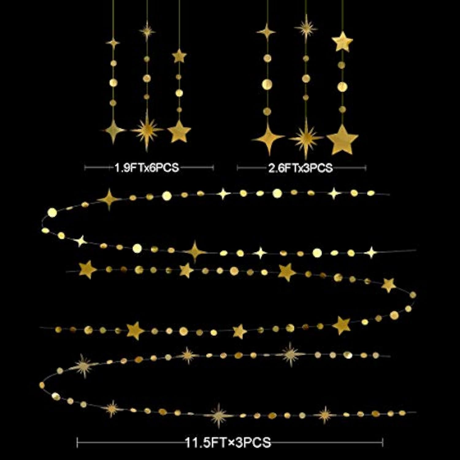 Gold Party Decorations Star Circle Dot Paper Garland Banner Bunting Streamer Metallic Hanging Twinkle Star Decoration For Christmas Birthday Baby Shower Wedding Festival Engagement Kids Room Decor