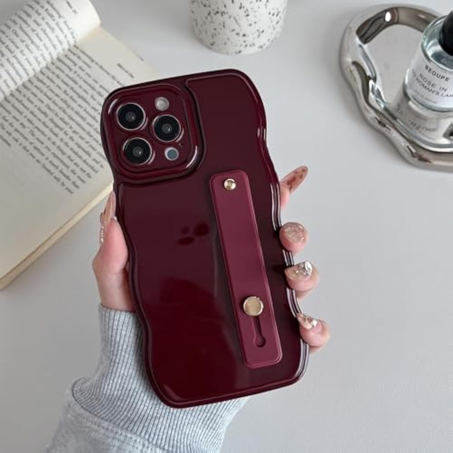 Phone Case For Iphone 16 Pro With Flexible Adjustable Soft Finger Hand Wrist Strap Holder Kickstand,Wave Design Wavy Frame Silicone Aesthetic For Iphone 16 Pro Phone Case,Wine Red