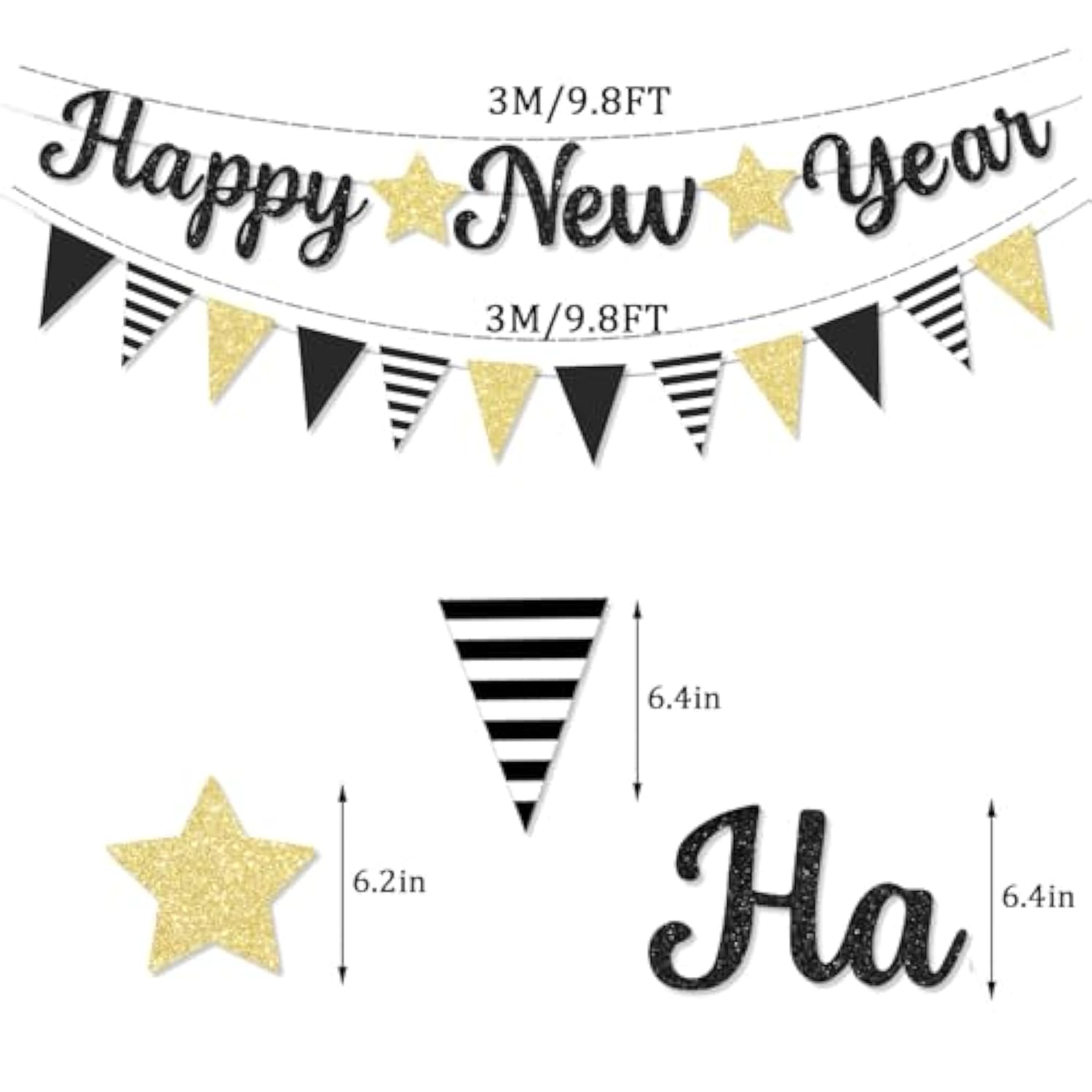 Glitter Happy New Year 2026 Black Banner New Year’s Eve Party Decor