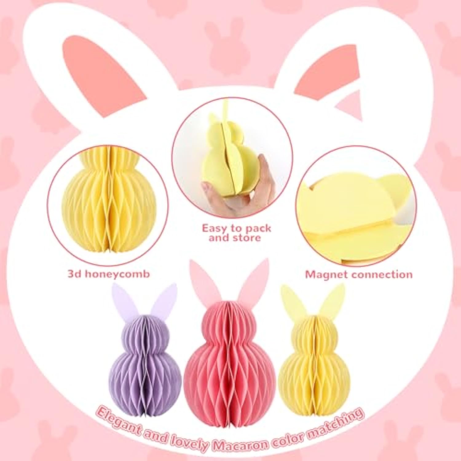 5Pcs Easter Bunny Honeycomb Centerpiece Easter Party Table Decorations 3D Paper Rabbit With Magnet Pastel Table Ornament For Home Office Kitchen Easter Gift Holiday Party Table Supplies