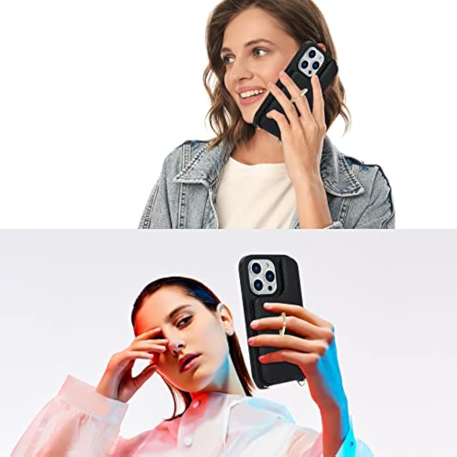 For Iphone 14 Pro Max Case With Card Holder For Women,Phone Case With Strap,Crossbody Lanyard,Ring Stand,Snap Clasp,Cute Wallet Cases 6.7" (Black)