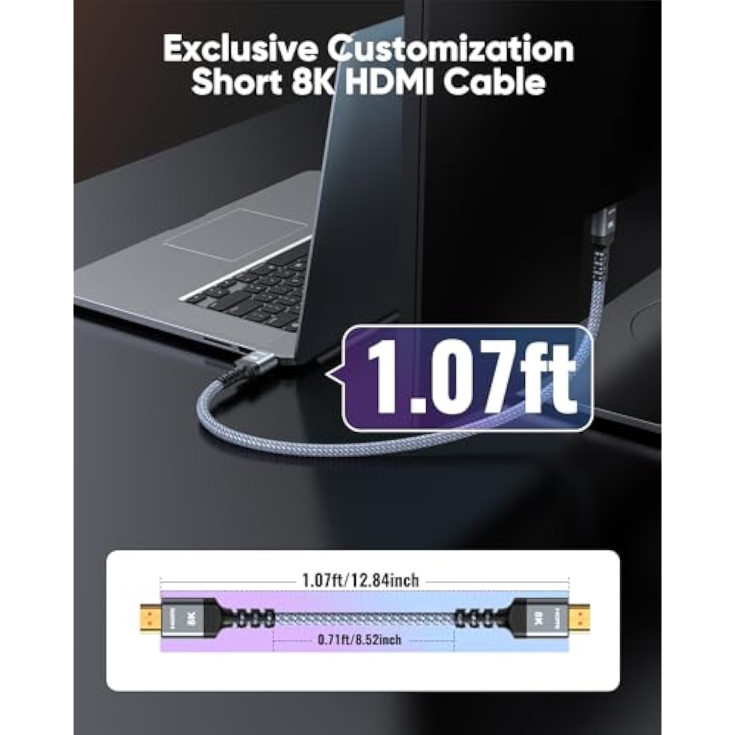 Short 8K Hdmi Cable 1Ft/0.3M 48Gbps, Ultra High Speed Hdmi Braided Cord-4K@120